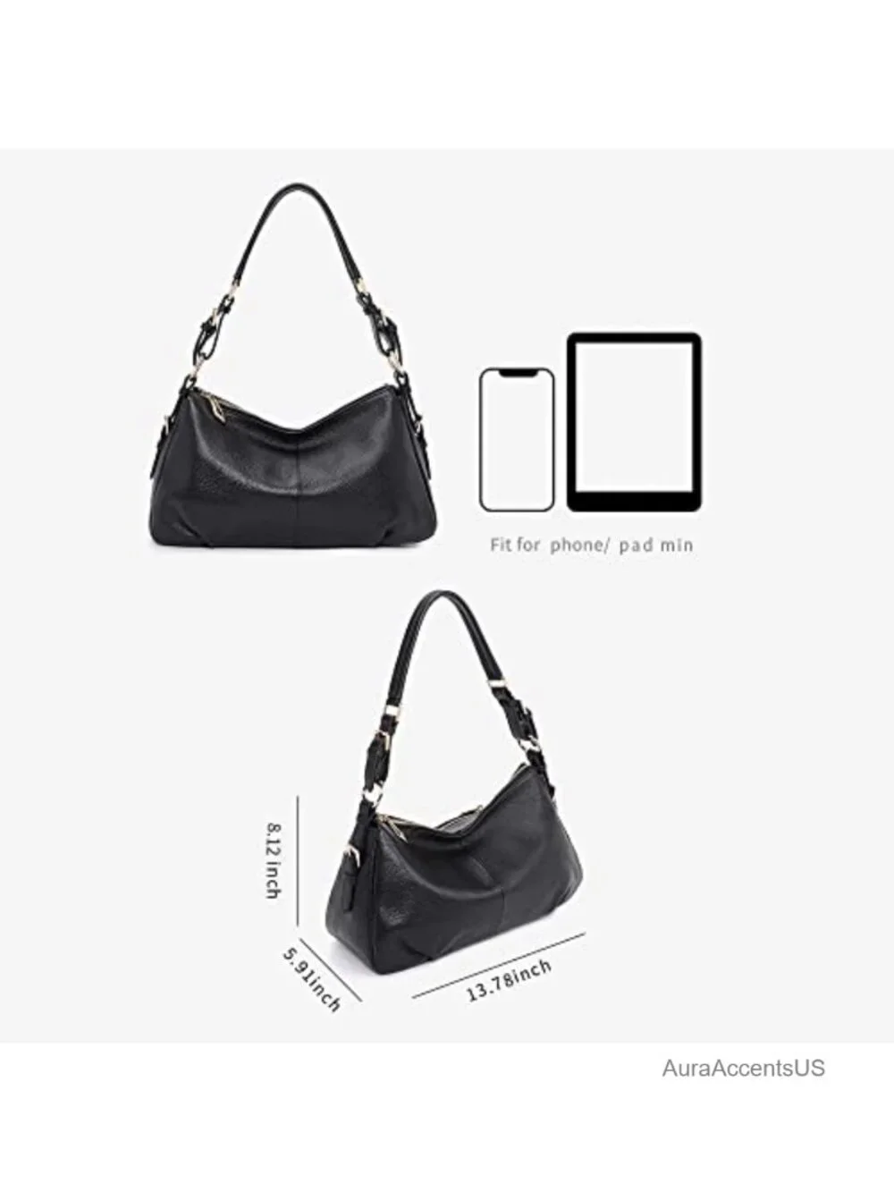 Top Grain Pebbled Cowhide Leather Hobo Bag Adjustable Strap Shoulder Purse